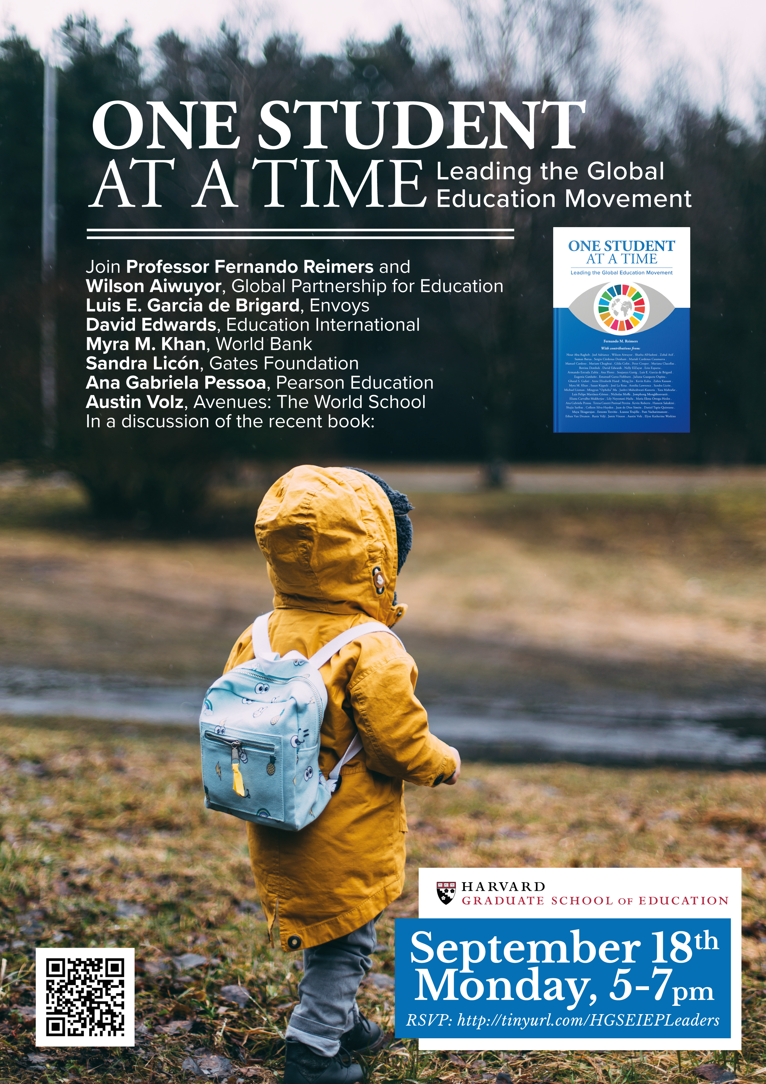 You're invited to the One Student at a Time Book Launch- picture image of a small child with a backpack on
